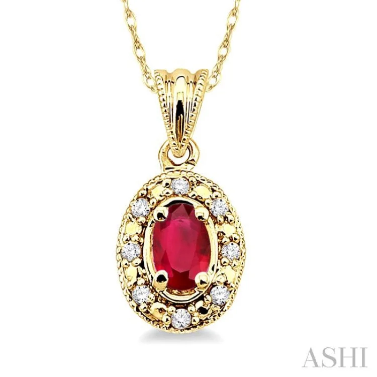 5x3mm Oval Shape Ruby and 1/20 Ctw Single Cut Diamond Pendant in 10K Yellow Gold with Chain