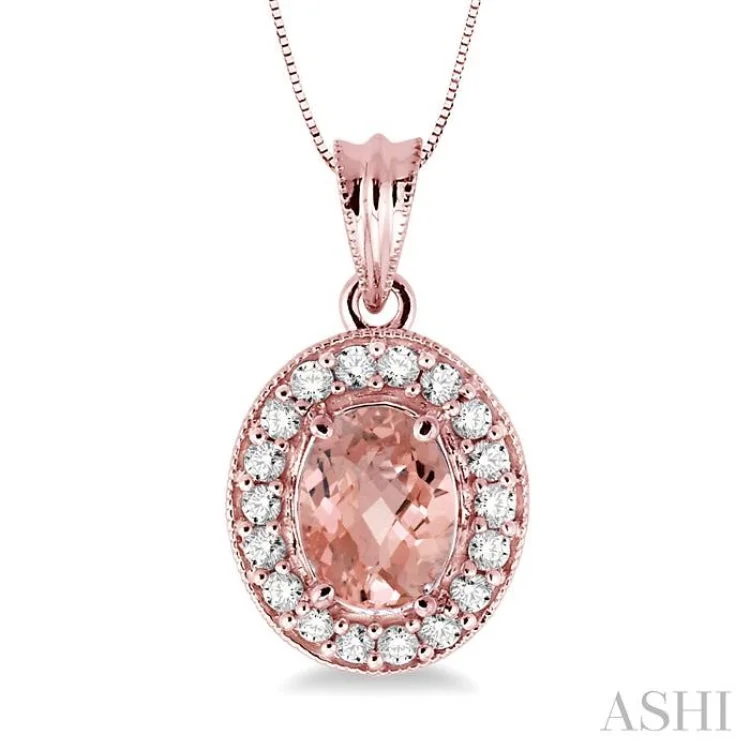 8x6mm Oval Cut Morganite and 1/3 Ctw Round Cut Diamond Pendant in 14K Rose Gold with Chain