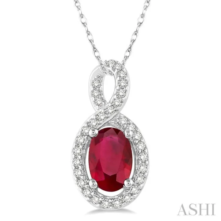 6x4 MM Oval Cut Ruby and 1/10 Ctw Round Cut Diamond Pendant in 14K White Gold with Chain