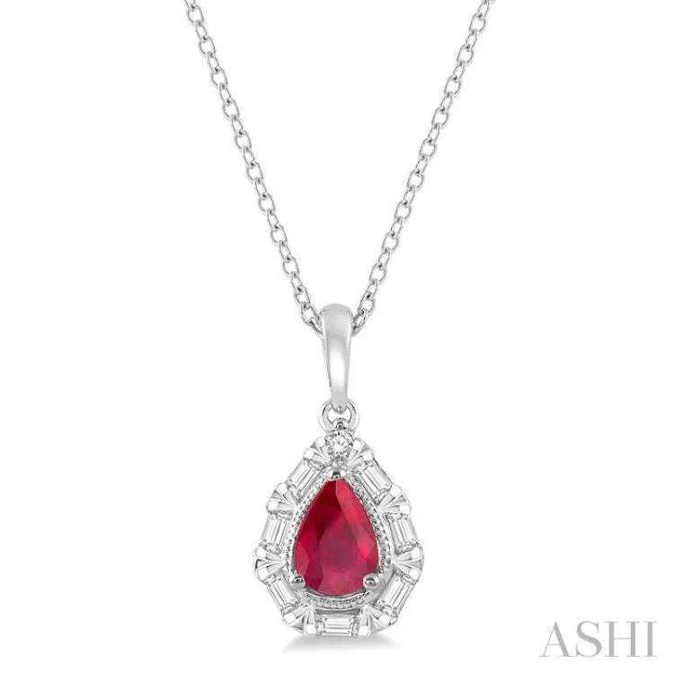 1/5 ctw Pear Shape 6x4MM Ruby, Baguette and Round Cut Diamond Precious Pendant With Chain in 14K White Gold