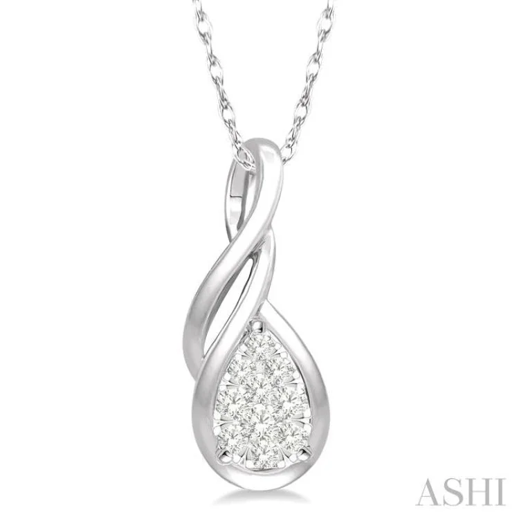 1/8 Ctw Pear Shape Lovebright Entwined Wire Round Cut Diamond Pendant With Link Chain in 14K White Gold