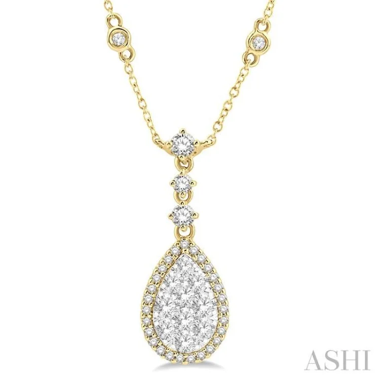 1 Ctw Round Cut Lovebright Diamond Pear Shape Necklace in 14K Yellow and White Gold