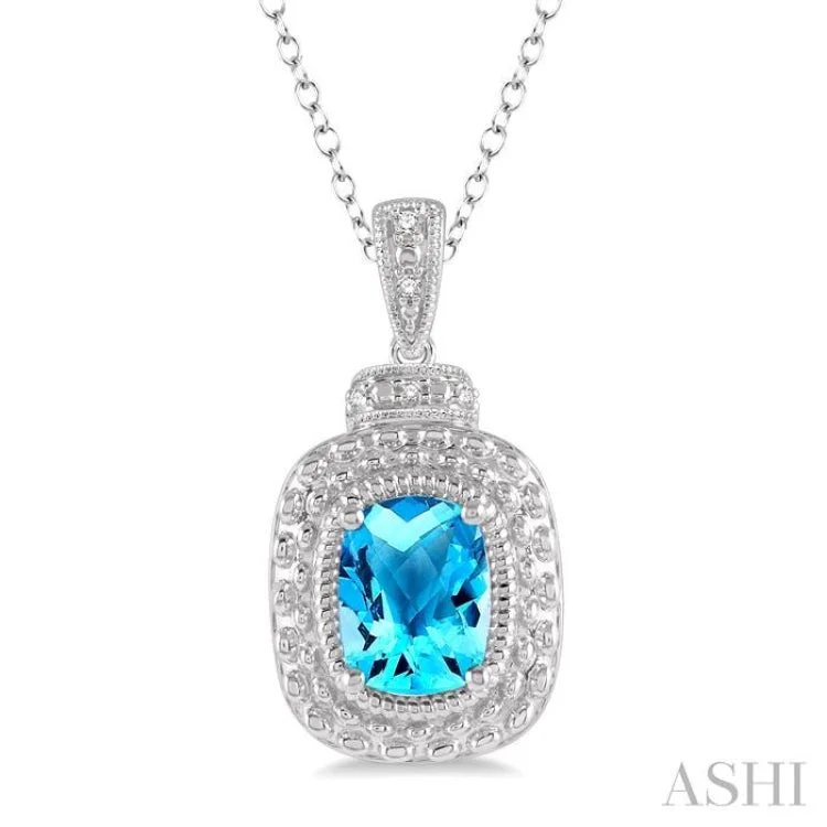 1/50 ctw Cushion Shape 8x6mm Blue Topaz & Round Cut Diamond Semi Precious Pendant With Chain in Sterling Silver