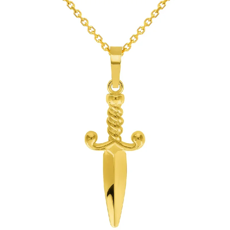 Solid 14k Yellow Gold 3D Dagger Knife Pendant with Cable, Curb, or Figaro Chain Necklaces