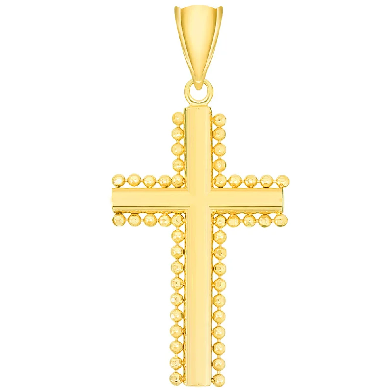 Solid 14k Yellow Gold Beaded Edged Plain Religious Cross Pendant