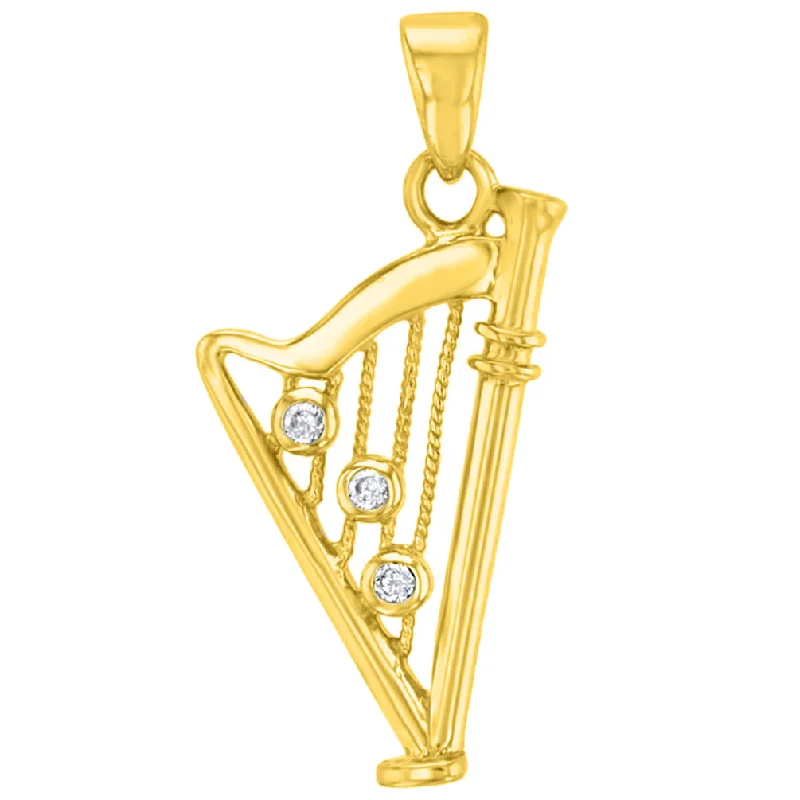 Solid 14K Yellow Gold CZ Harp Charm Musical Instrument Pendant