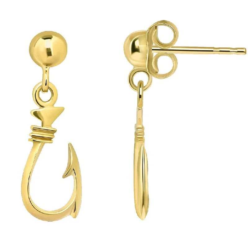 Solid 14k Yellow Gold Dangling 3D Fish Hook Dangle Earrings with Friction Back (Small)