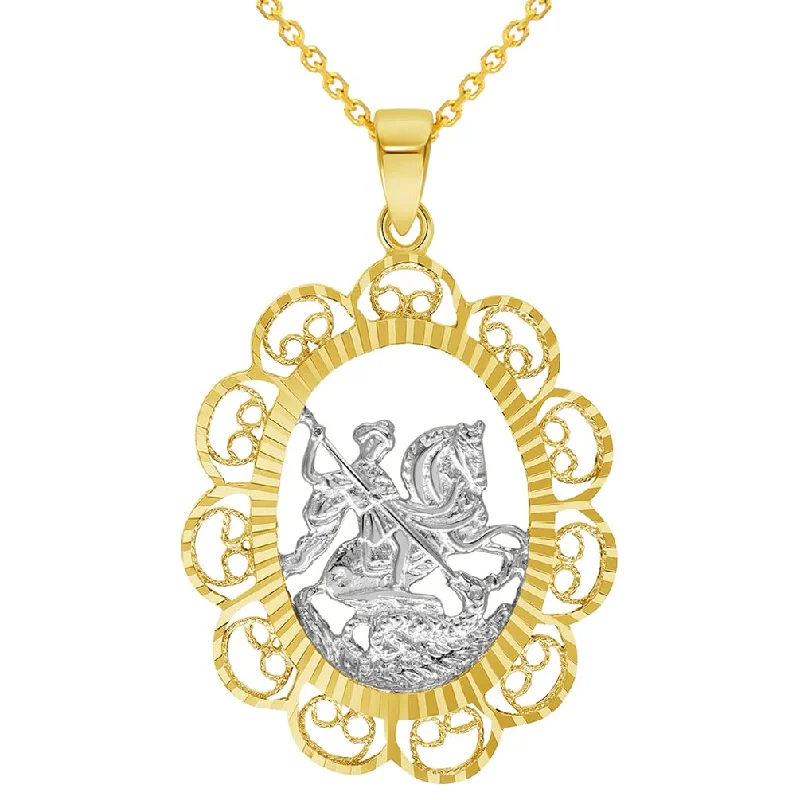 Solid 14k Yellow Gold Filigree Patron Saint George Medal Pendant with Cable, Curb, or Figaro Chain Necklaces