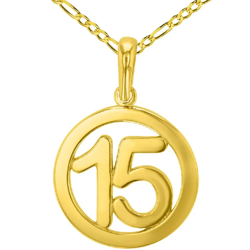 Solid 14K Yellow Gold Round Number Fifteen Charm Pendant with Figaro Chain Necklace