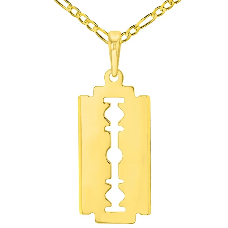 Solid 14K Yellow Gold Sharp Edged Razor Blade Pendant with Figaro Chain Necklace