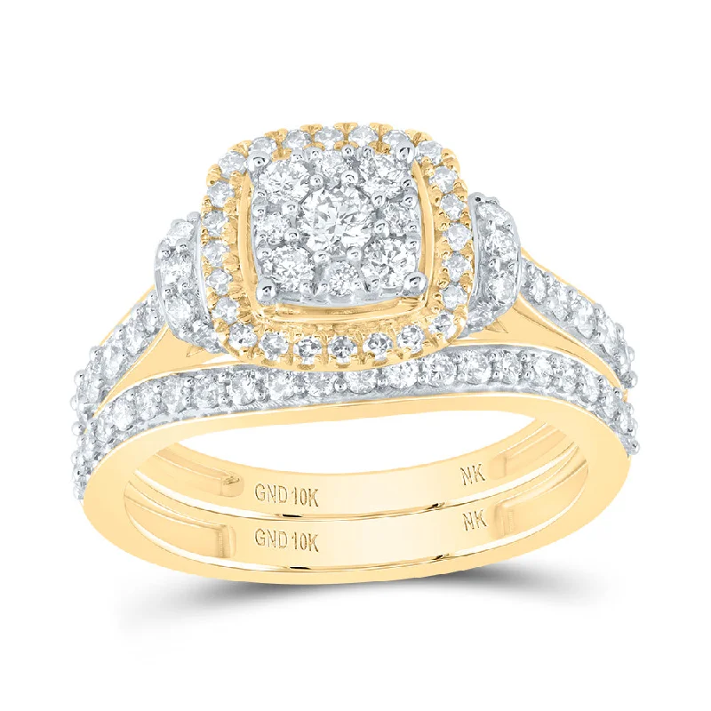 10kt Yellow Gold Round Diamond Halo Bridal Wedding Ring Band Set 1 Cttw