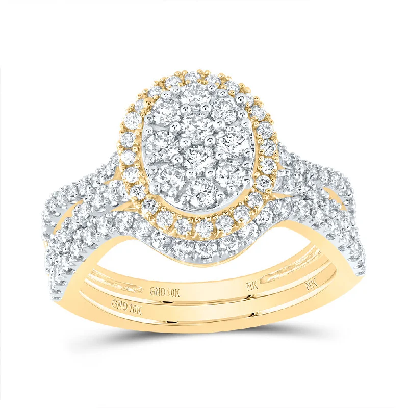 10kt Yellow Gold Round Diamond Oval Cluster Bridal Wedding Ring Band Set 1 Cttw