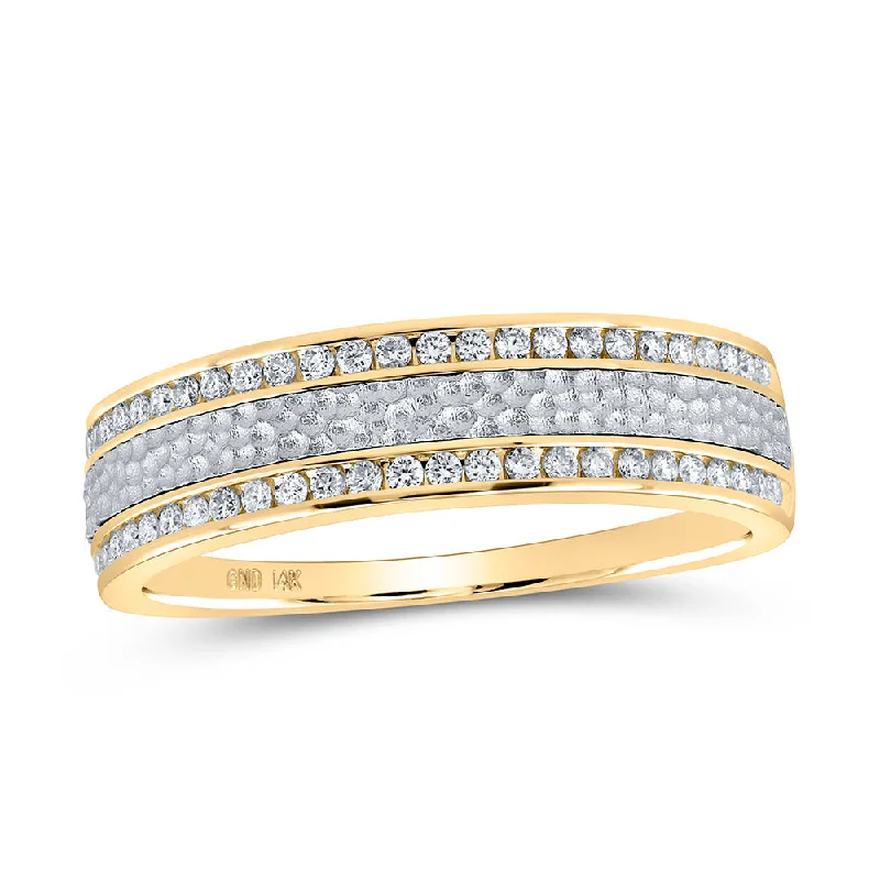 14kt Two-tone Gold Mens Round Diamond Wedding Hammered Band Ring 1/3 Cttw