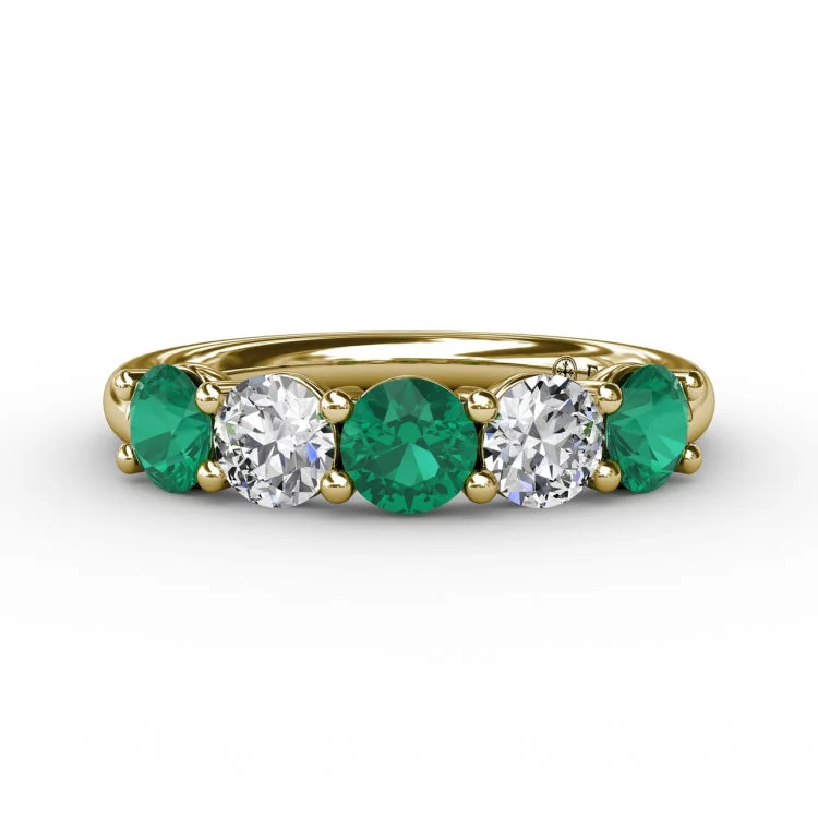 Chunky Emerald and Diamond Shared Prong Anniversary Band