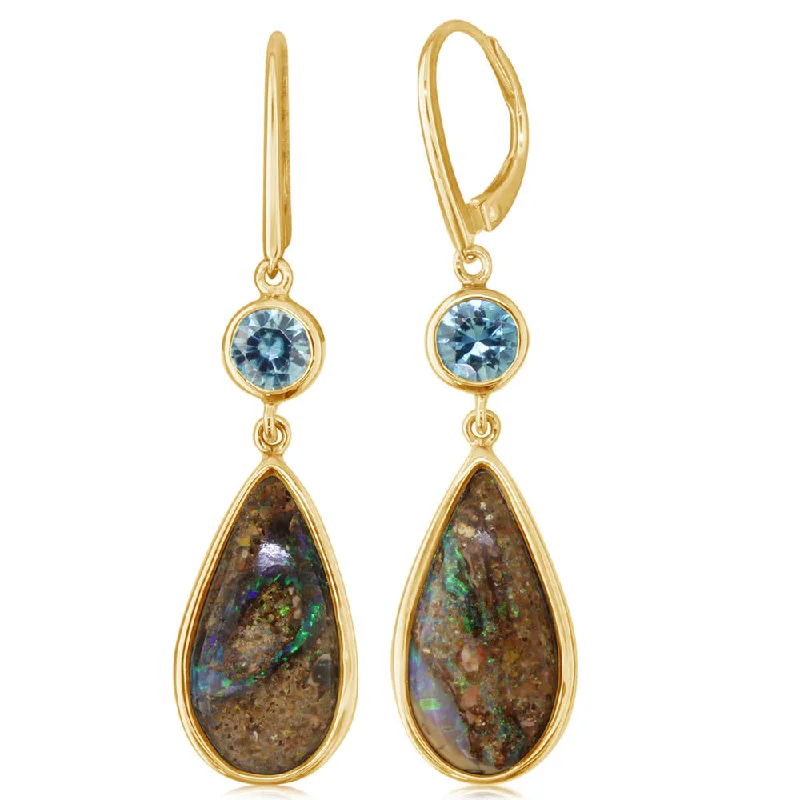 14k Gold Australian Boulder Opal & Blue Zircon Earrings