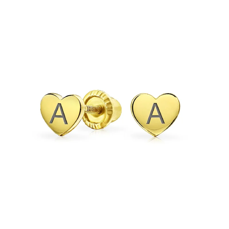 Initial Letter A-Z 14K Gold Heart Shaped Stud Earrings, Customizable for Girlfriend