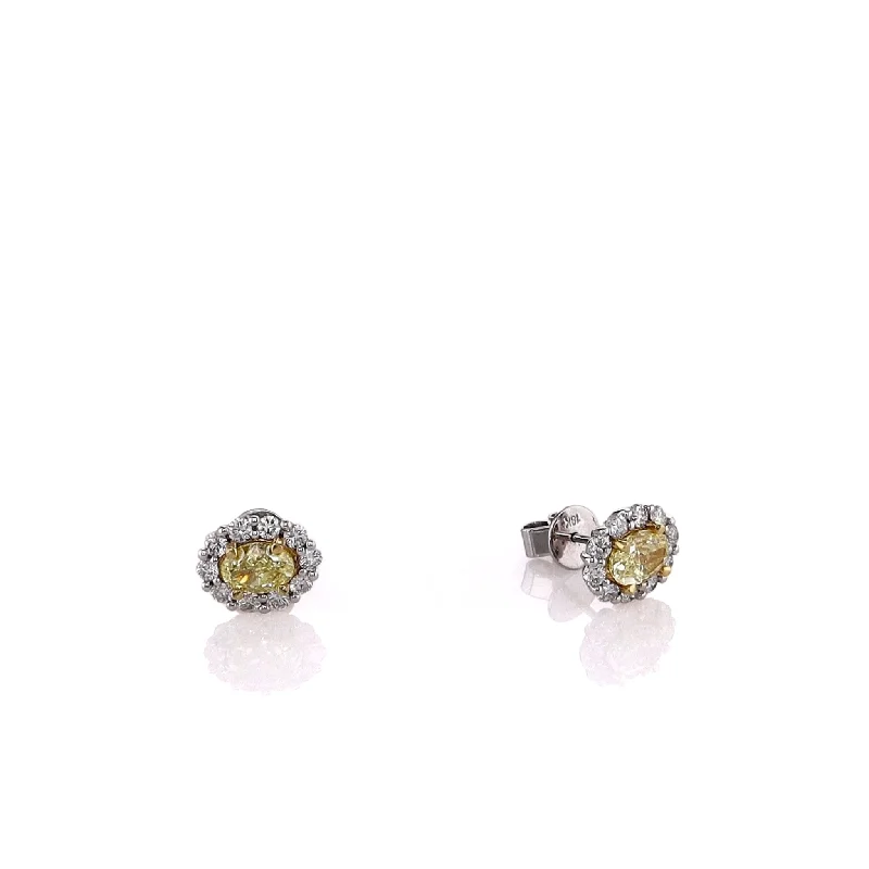 18k White Gold Yellow and White Diamond Halo Oval Stud Earrings