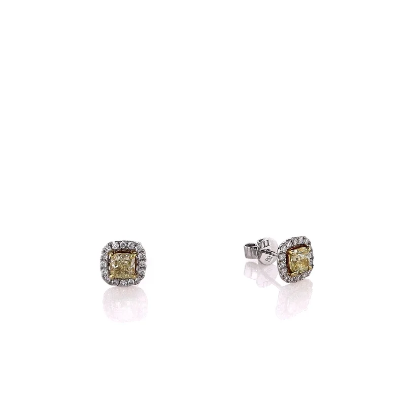 18k White Gold Yellow and White Diamond Halo Square Stud Earrings