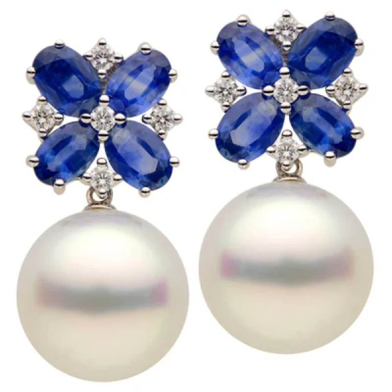 18k White South Sea Pearl and Sapphire Earrings