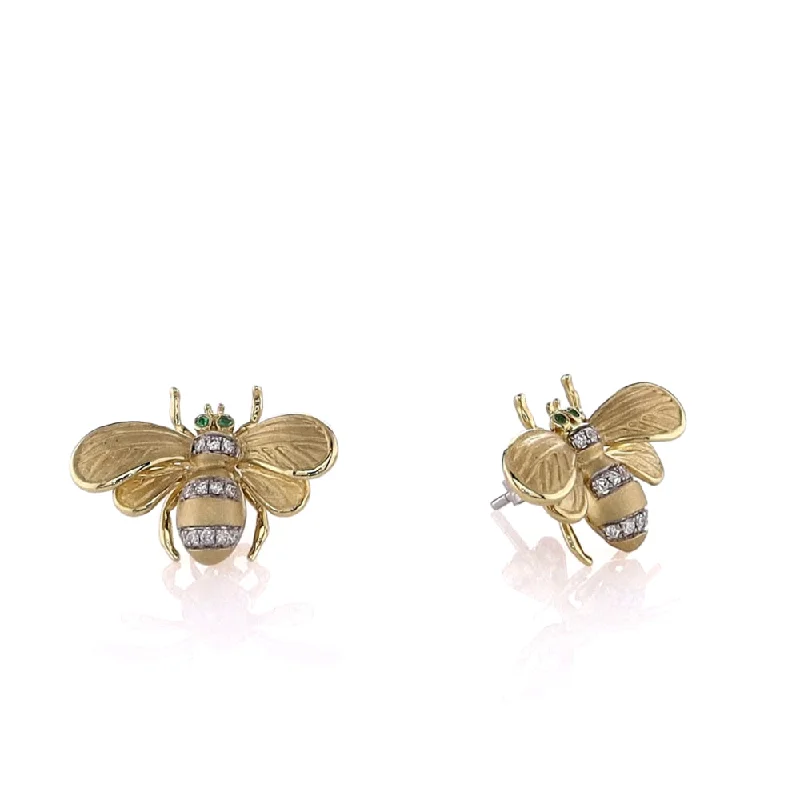 18k Yellow Gold Emerald Eyes and Diamond Bee Stud Earrings