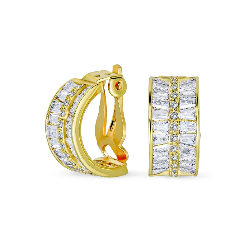 Art Deco Baguette CZ Half Hoop Earrings On Clip Gold Silver Plated