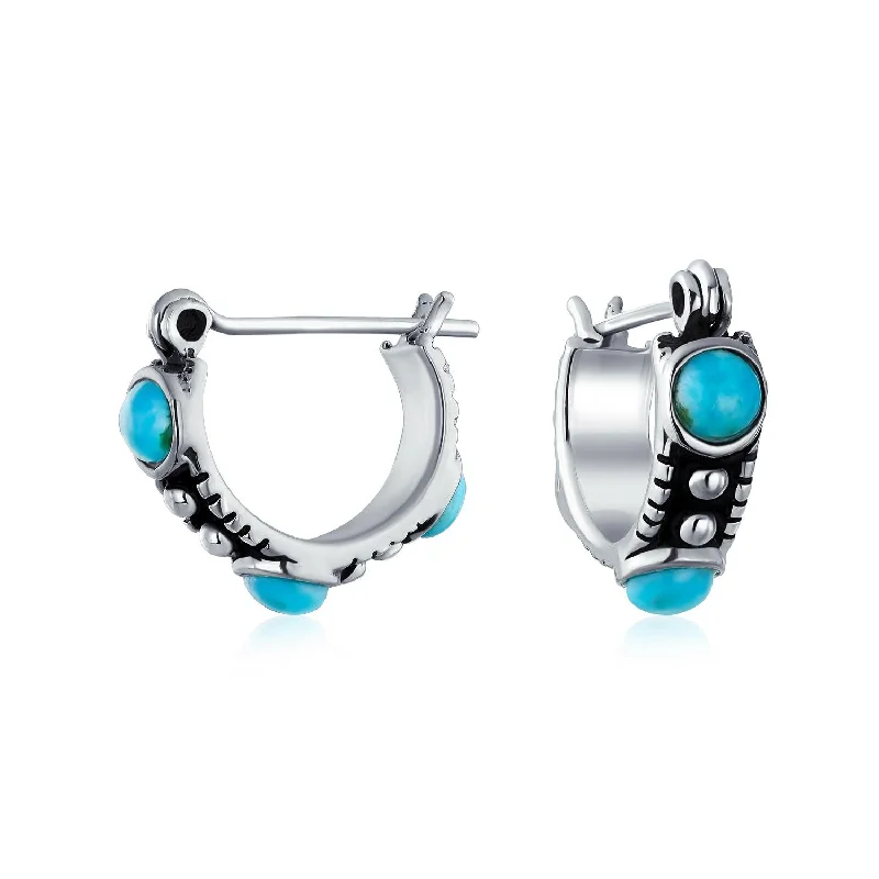 Bali Boho CZ Hoop Earrings with Turquoise Carnelian Onyx Beads in Sterling Silver