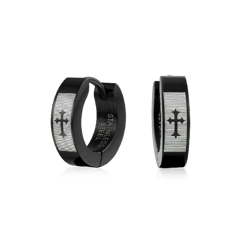 Biker Jewelry Mens Earrings Fleur De Lis Cross Black Huggie Hoop Stainless Steel