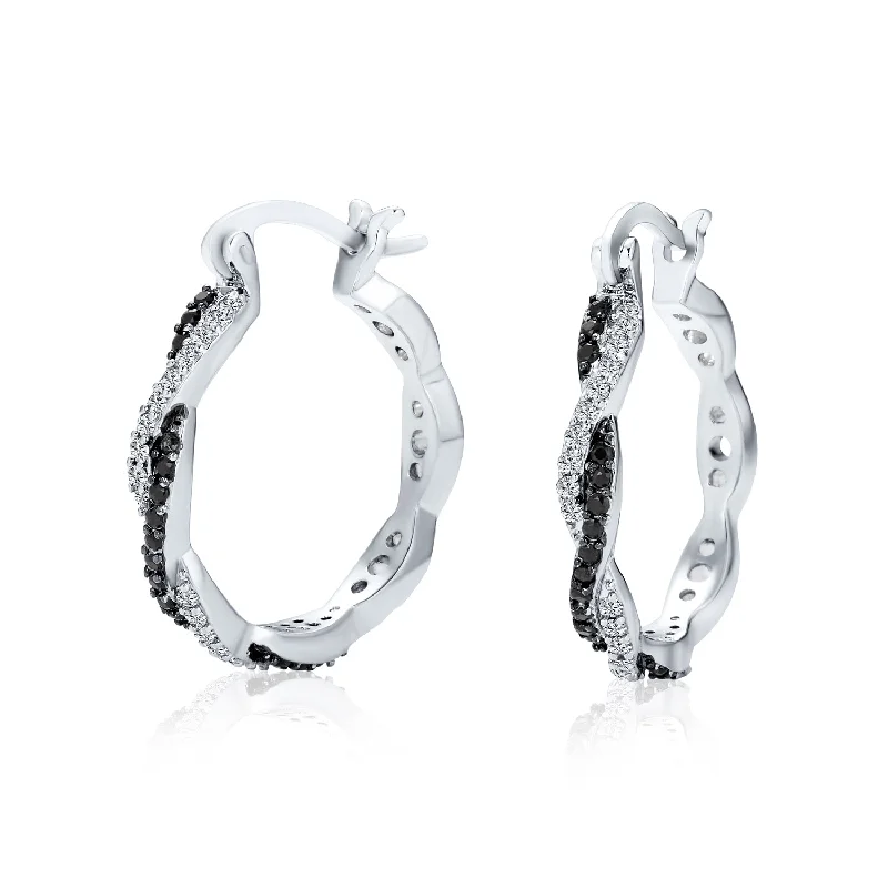 Black White CZ Pave Formal Love Knot Spiral Infinity Twist Hoop Earrings Silver