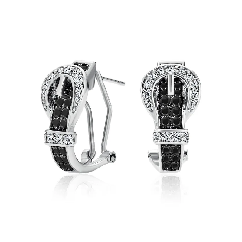 Blue Black Brown CZ Stud Earrings with Pave Cubic Zirconia and 3D Belt Buckle Design