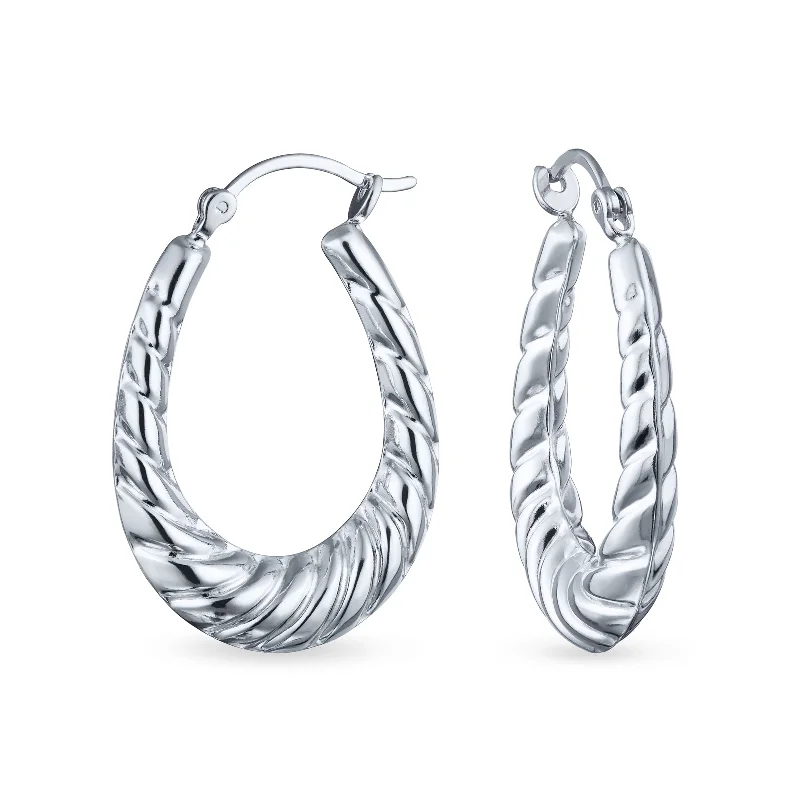 Boho Tribal Hoop Huggie Earrings Lightweight Sterling Silver Oval Tube Design