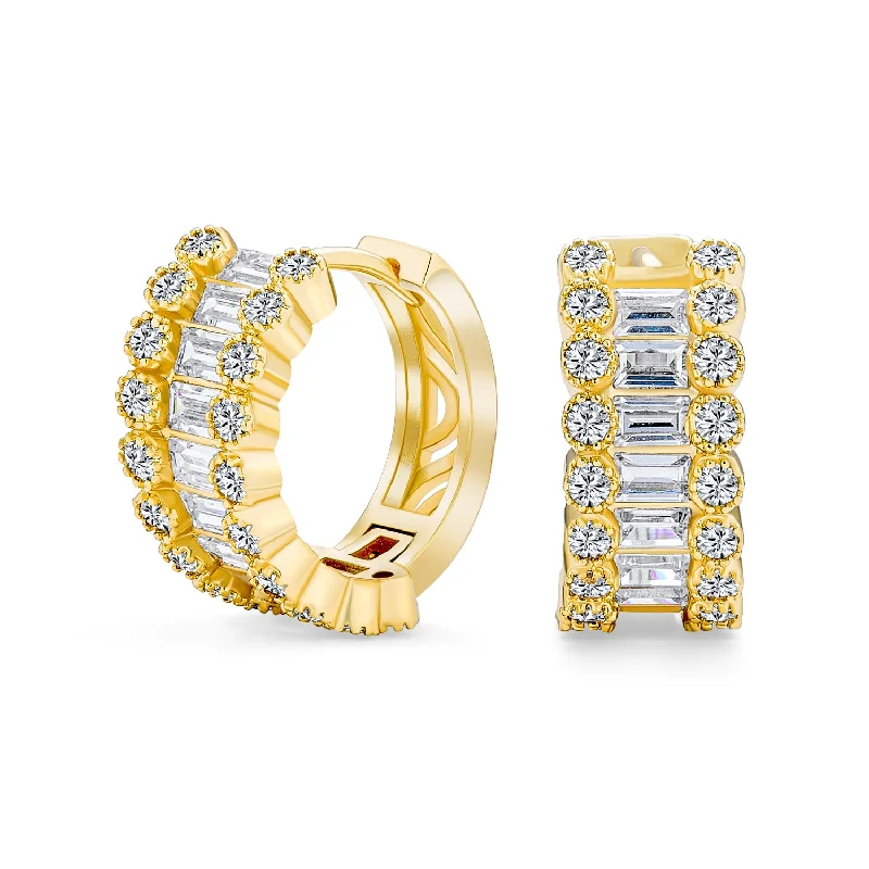 Bridal CZ Hoop Earrings Emerald Cut Bezel Set Milgrain Edge Silver Gold Plated