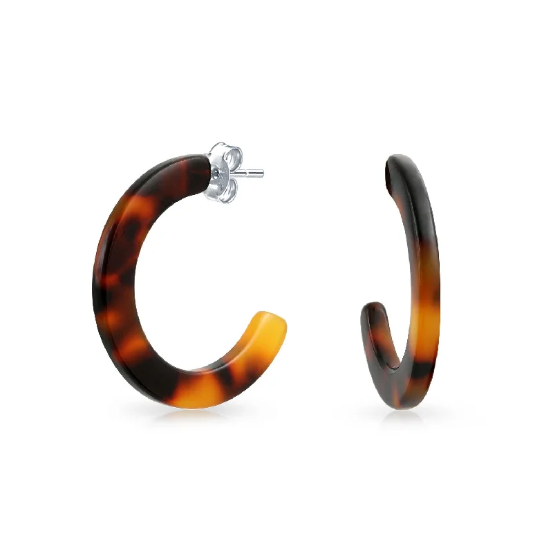 Brown Acrylic Tortoise Shell Hoop Huggie Earrings Stainless Steel 1 Inch