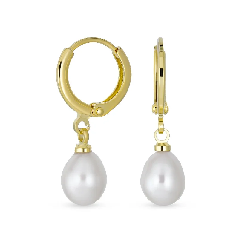 Classic Bridal Yellow Gold Pearl Teardrop Dangle Earrings for Weddings June Birthstone