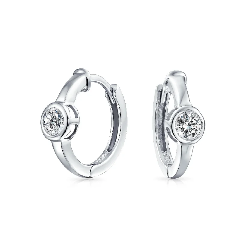 Classic Dainty Round CZ Hoop Earrings in Sterling Silver Small Huggie Style