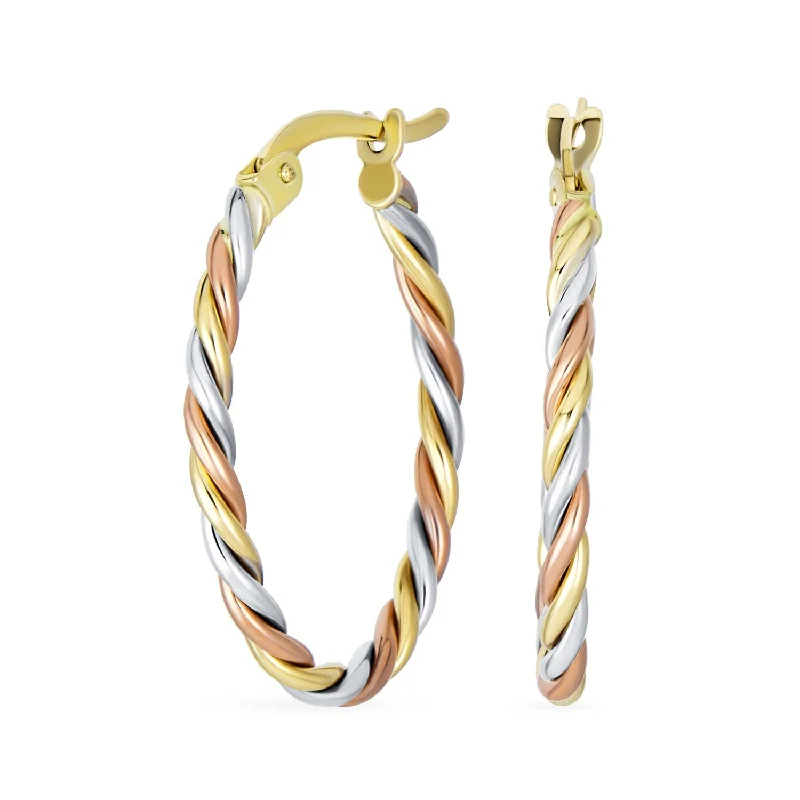 Classic 14K Tricolor Gold Twist Hoop Huggie Earrings Fine Jewelry 1x0.75 Inch