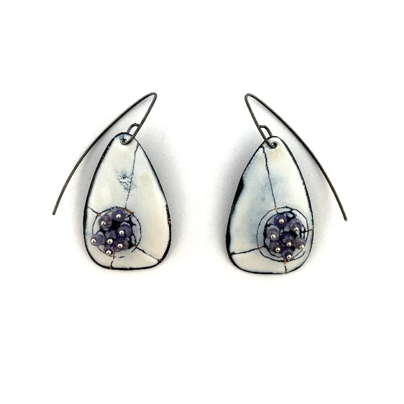 White Enamel Earrings with Purple Beads