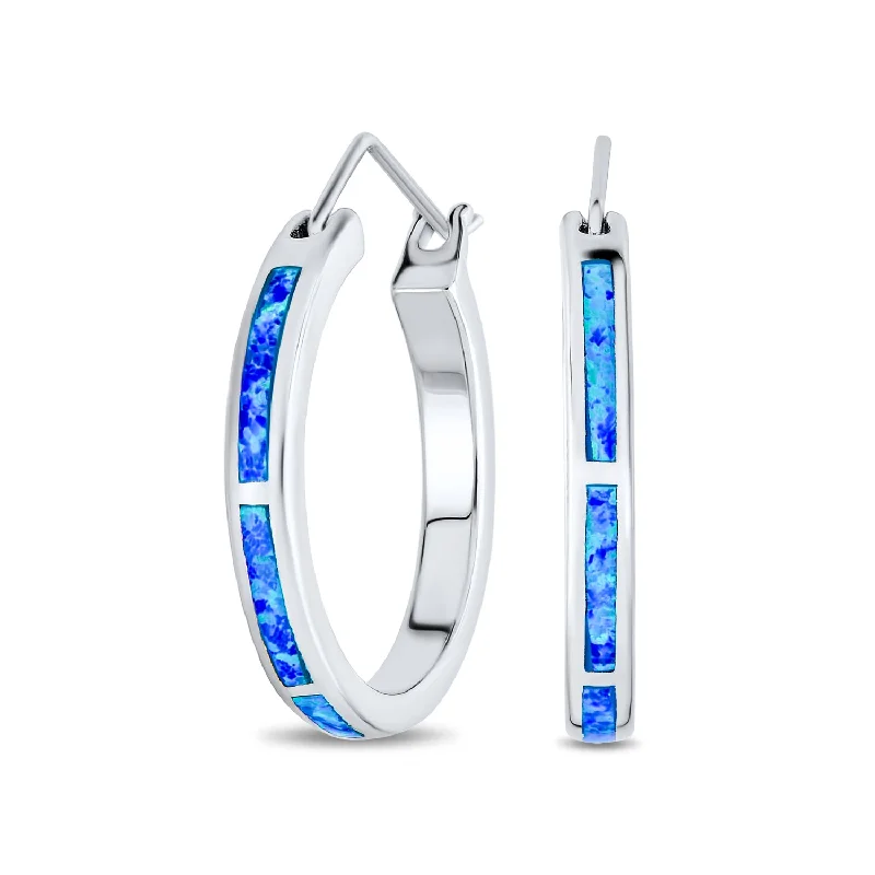 Created White Blue Opal Inlay Hoop Huggie Earrings Rose Sterling Silver