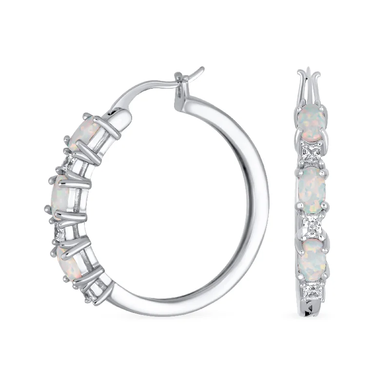 Cubic Zirconia Hoop Huggie Earrings with White Opal Sterling Silver 1 Inch