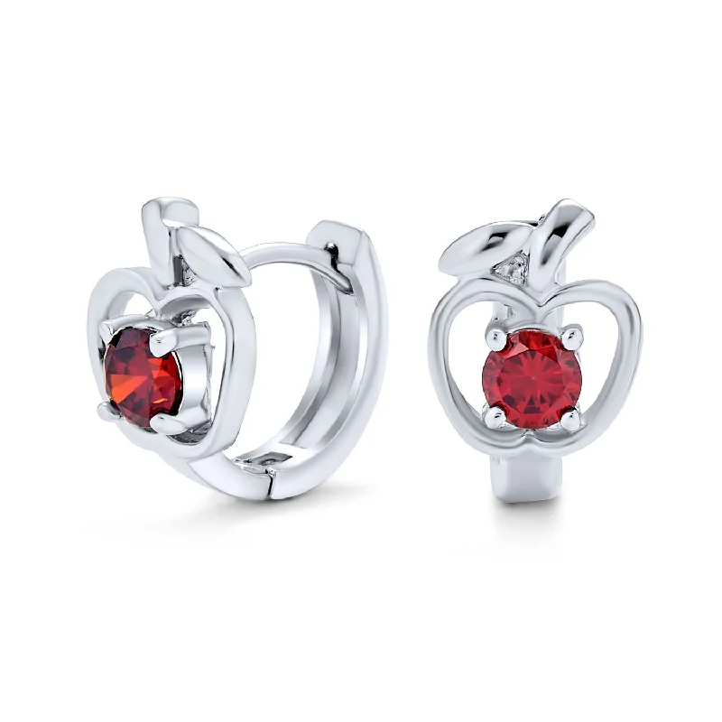 Red CZ Apple Kpop Huggie Hoop Earrings Cubic Zirconia Sterling Silver