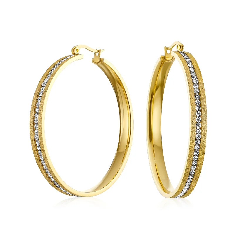 Round Channel Set CZ Hoop Earrings Stardust Brush Matte Finish Gold Plated 2"