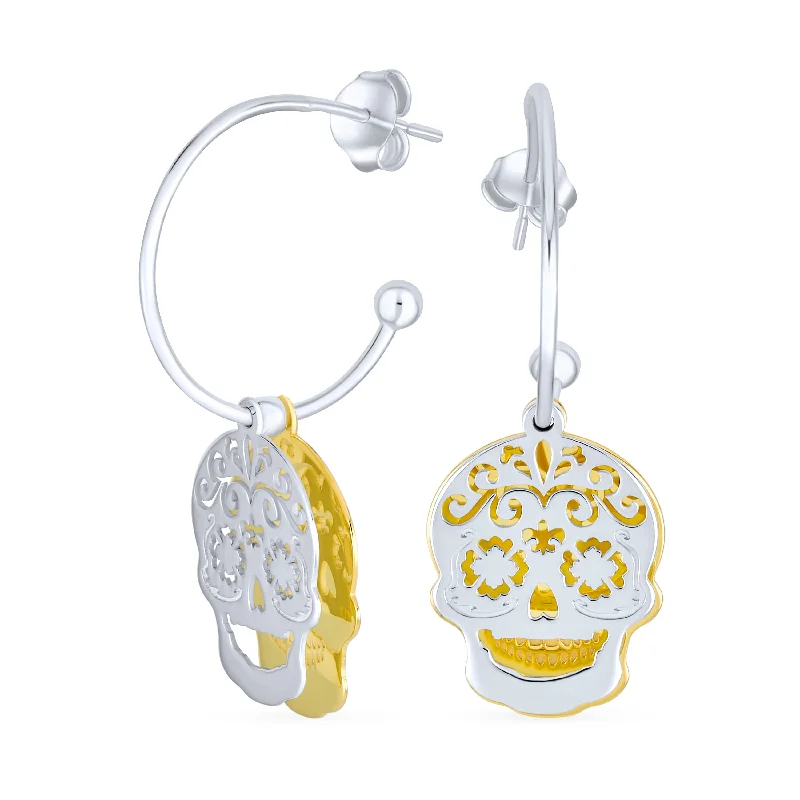 Dia de los Muertos Hoop Huggie Earrings Gold-Plated Sterling Silver Skull Design