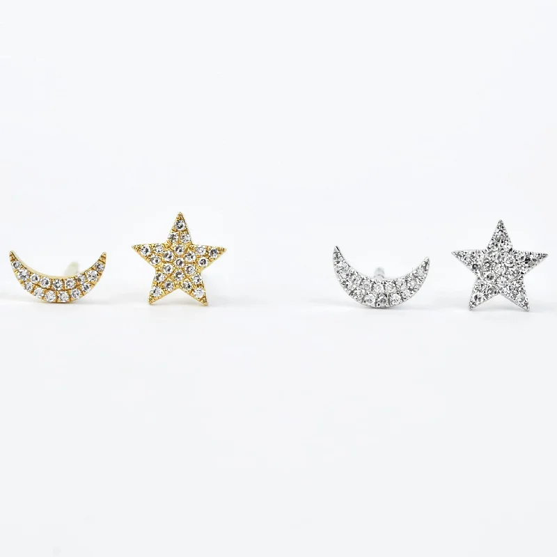 Diamond Moon & Star Studs in 14k Gold