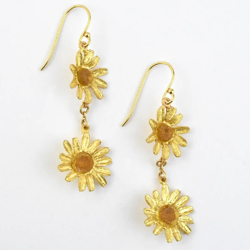 Double Golden Daisy Drop Earrings