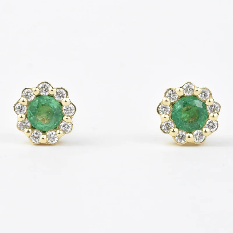 Emerald and Diamond Floral Halo Studs, Yellow Gold