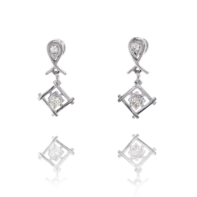 Estate 14 karat White Gold Geometric Design Diamond Dangle Earrings