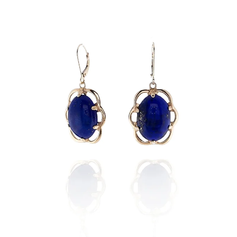 Estate 14k Yellow Gold Scallop Design Oval Lapis Lazuli Dangle Earrings