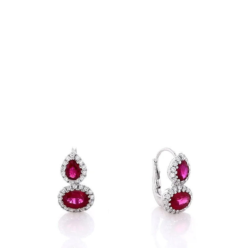 Estate 18k White Gold Ruby and Halo Diamond Drop Earrings