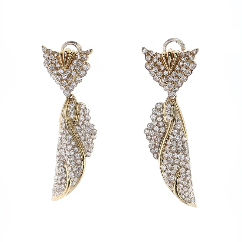 Estate 18k Yellow Gold Pave "V" Top With Pave Diamond Drop Wings Round Brilliant Cut Diamond Pierced Earrings