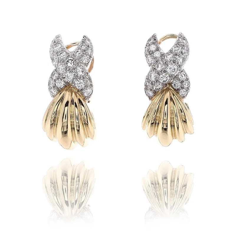 Estate Charles Turi Two-Tone Scallop Design and Pave "X" Diamond Earrings