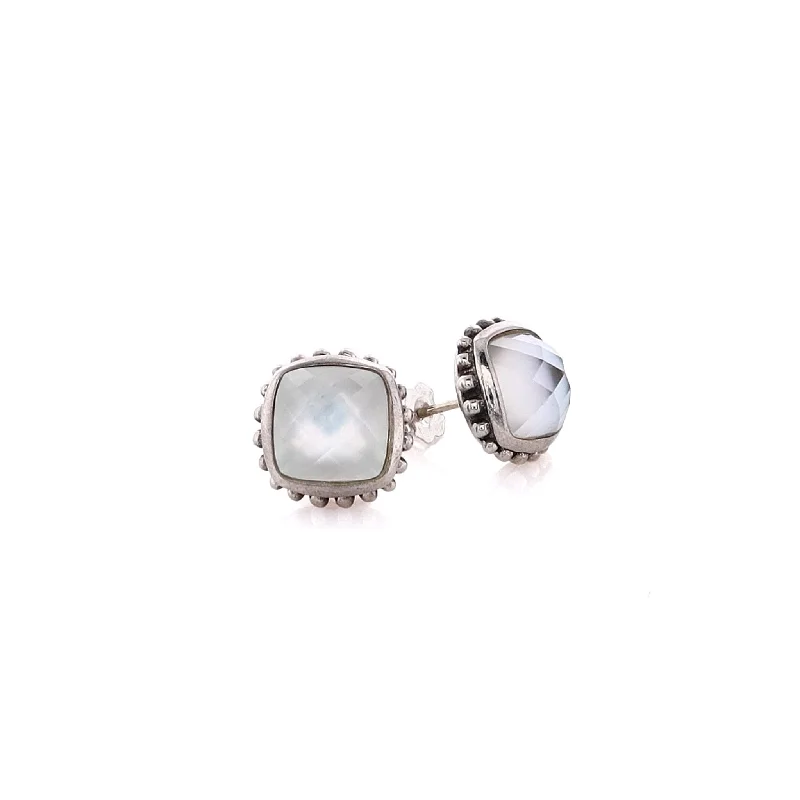 Estate Lagos Sterling Silver and 14 Karat Yellow Gold Mother of Pearl Stud Earrings